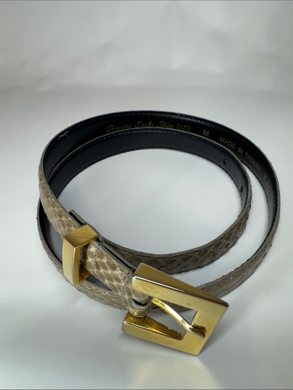 Vintage SHEKA by Faco Genuine Snakeskin Leather Belt Size M Tan Beige Gold